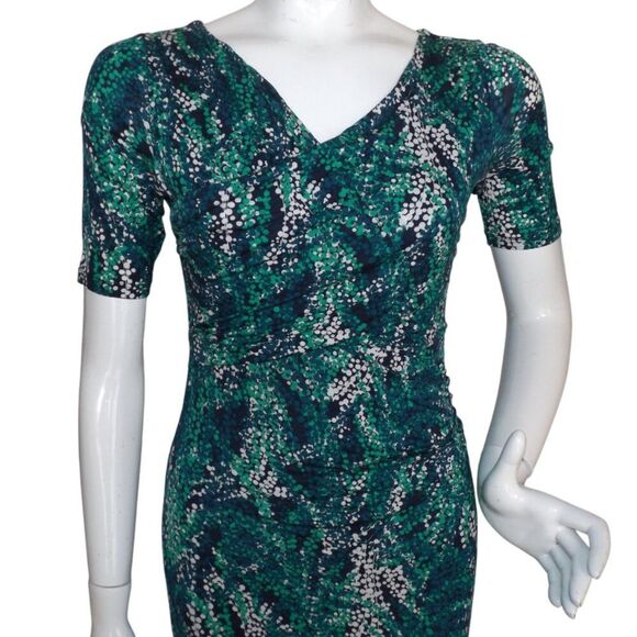 BODEN Dress, 6, Rita Sheath, Ruched Bust, Blue/Green Abstract leaves, Tencel - Picture 2 of 13